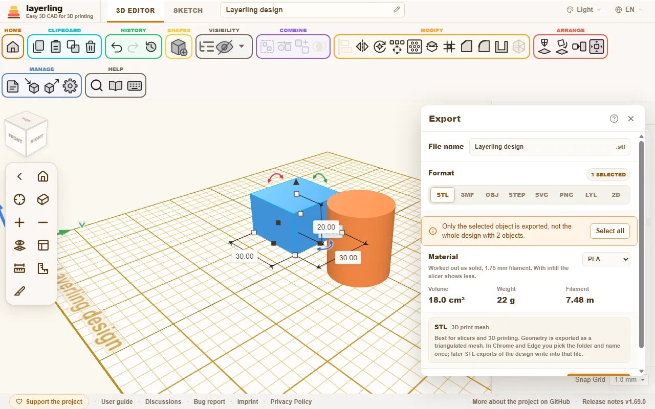 The export window with the formats STL, 3MF, OBJ, STEP, SVG, PNG, LYL and 2D.