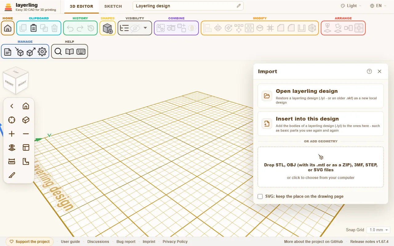The import window: open or insert designs and drop geometry.