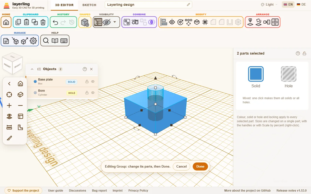 The group being edited: the bar at the bottom holds Cancel and Done, and the object list shows the parts.
