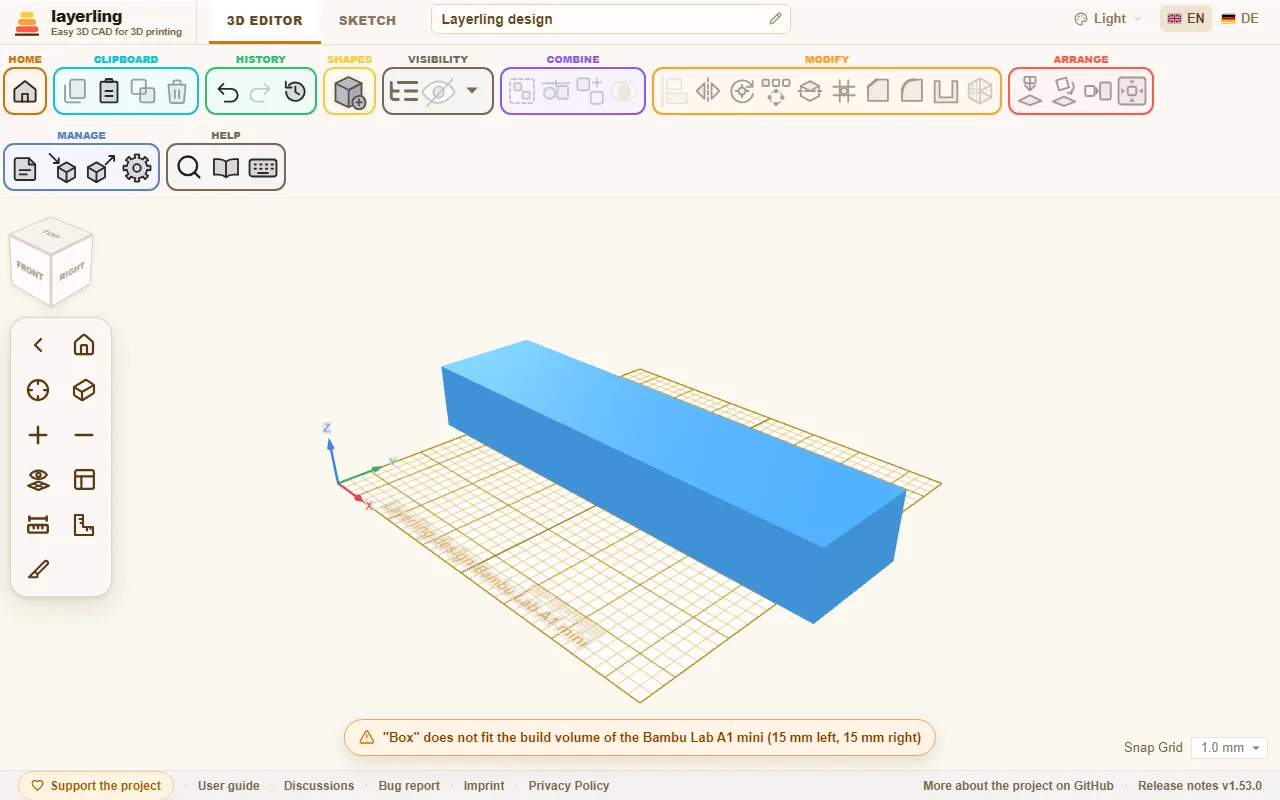 The box is wider than the print bed of the Bambu Lab A1 mini. The message at the bottom says by how much.