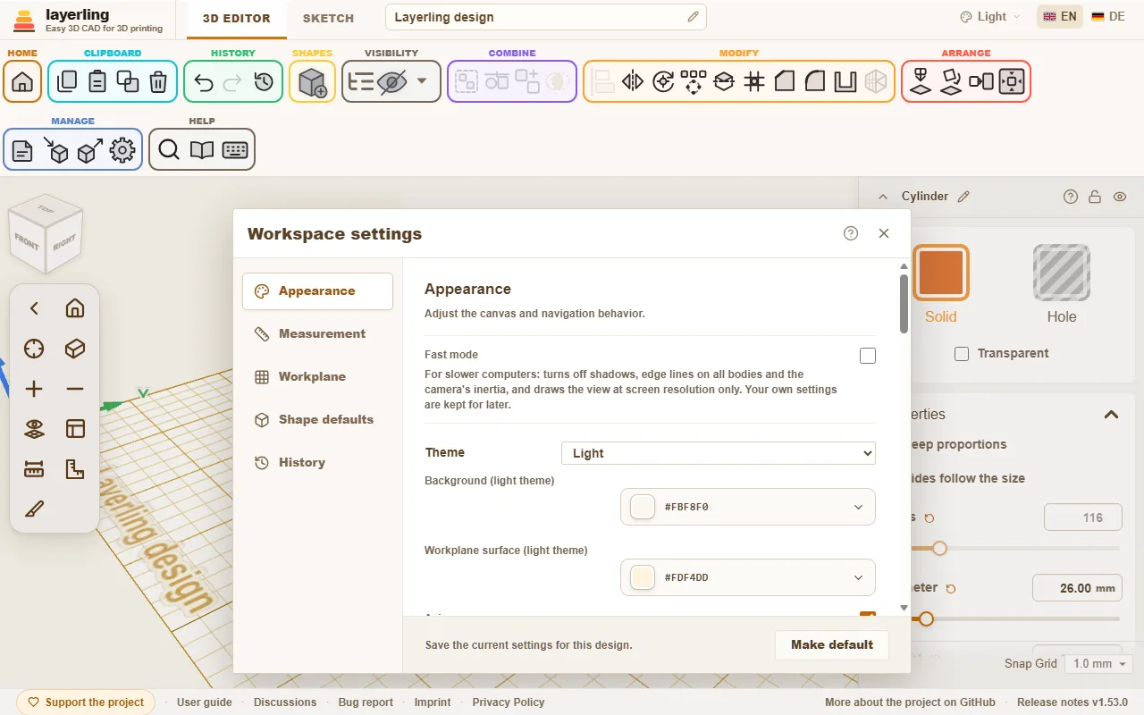 The settings under Appearance: background and workplane colours for the light theme, and the switch for edge lines on all bodies.