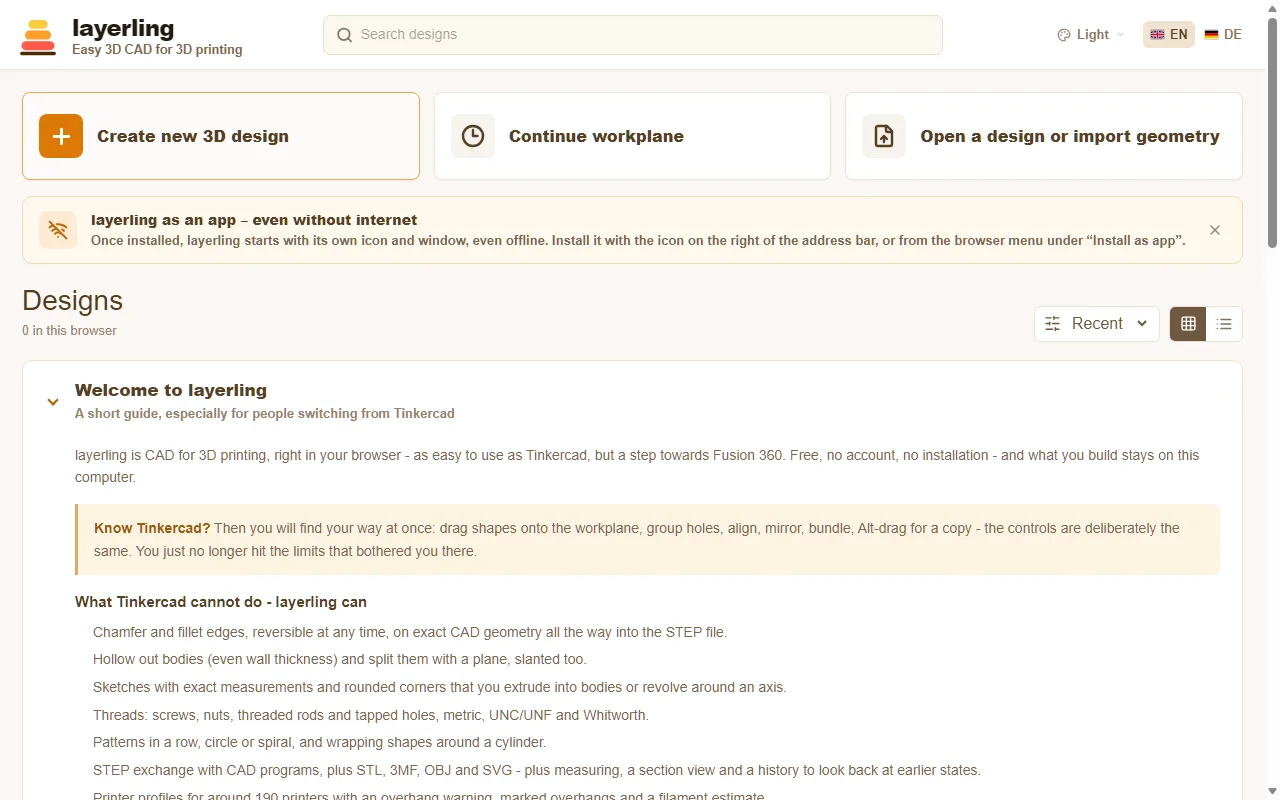 The start page of layerling: "Create new 3D design" at the top, your designs and the quick guide below.